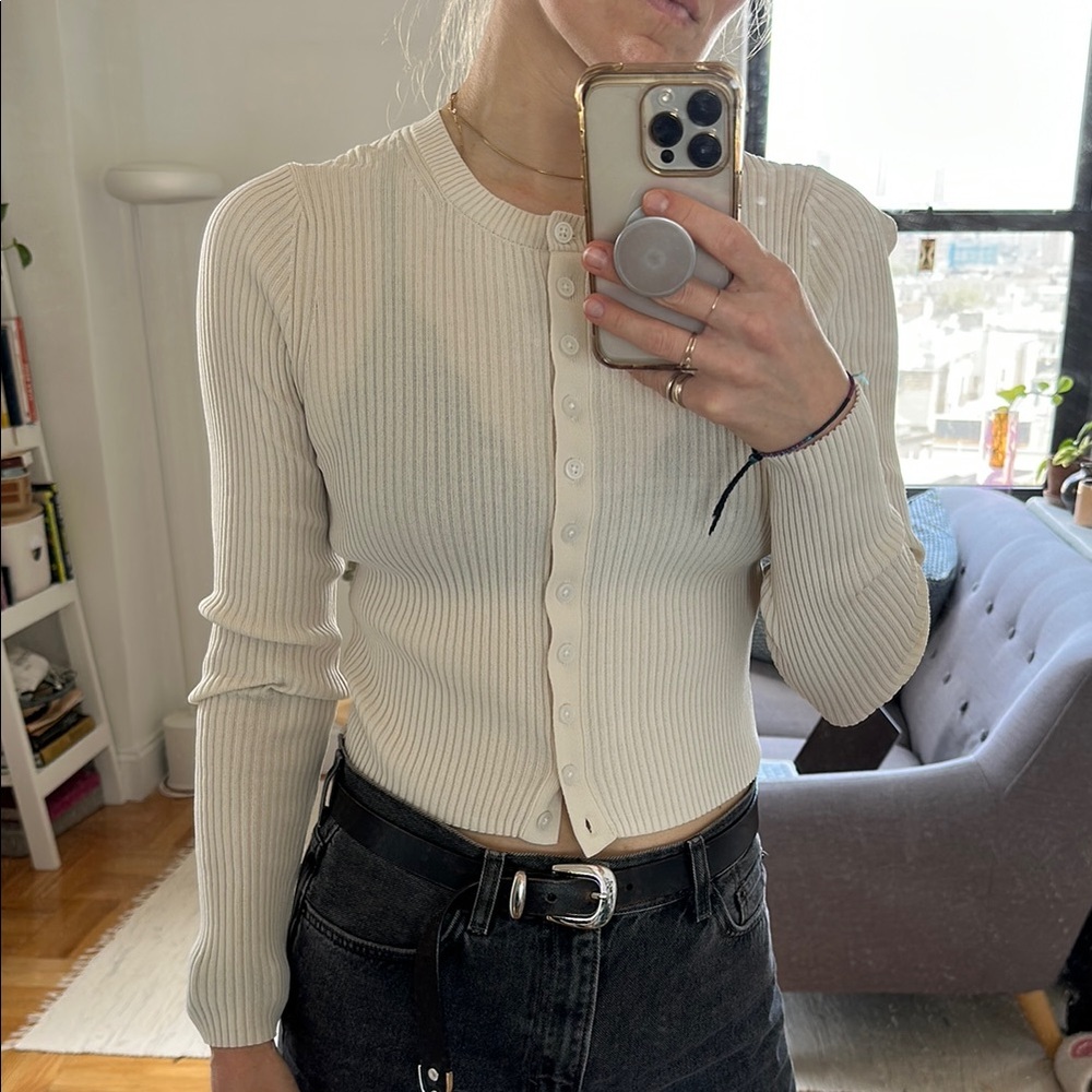 Everlane Cream Ribbed Button-Up Cardigan